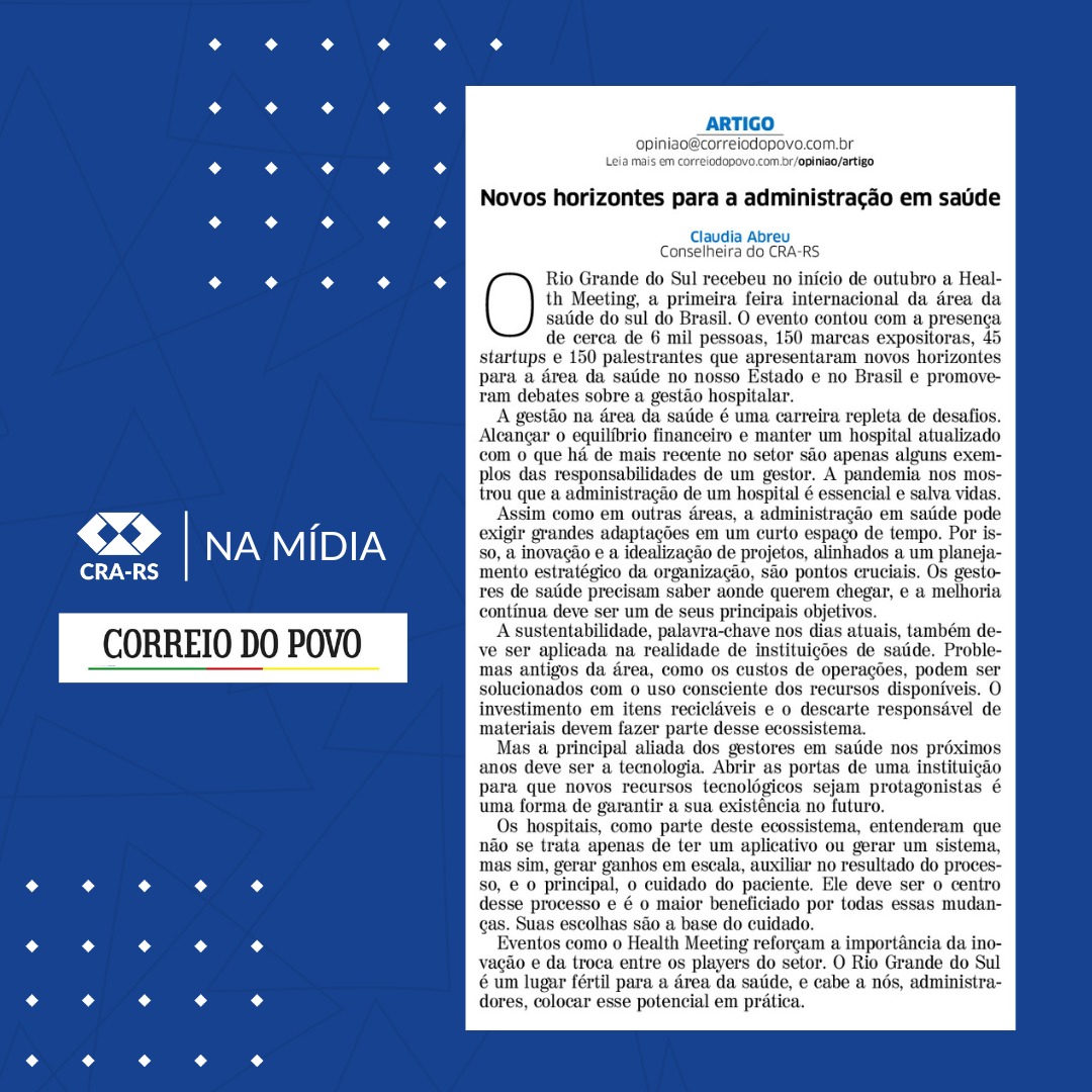 Artigo de opinião da conselheira e Administradora Claudia Abreu é divulgado no Correio do Povo